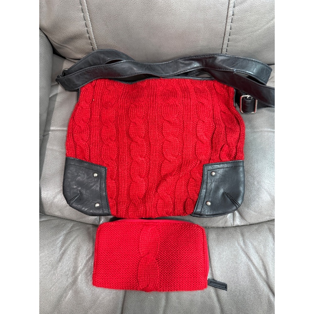 Red Cable Knit Hobo Shoulder Bag and Matching Wallet Set Black Faux Leather Trim